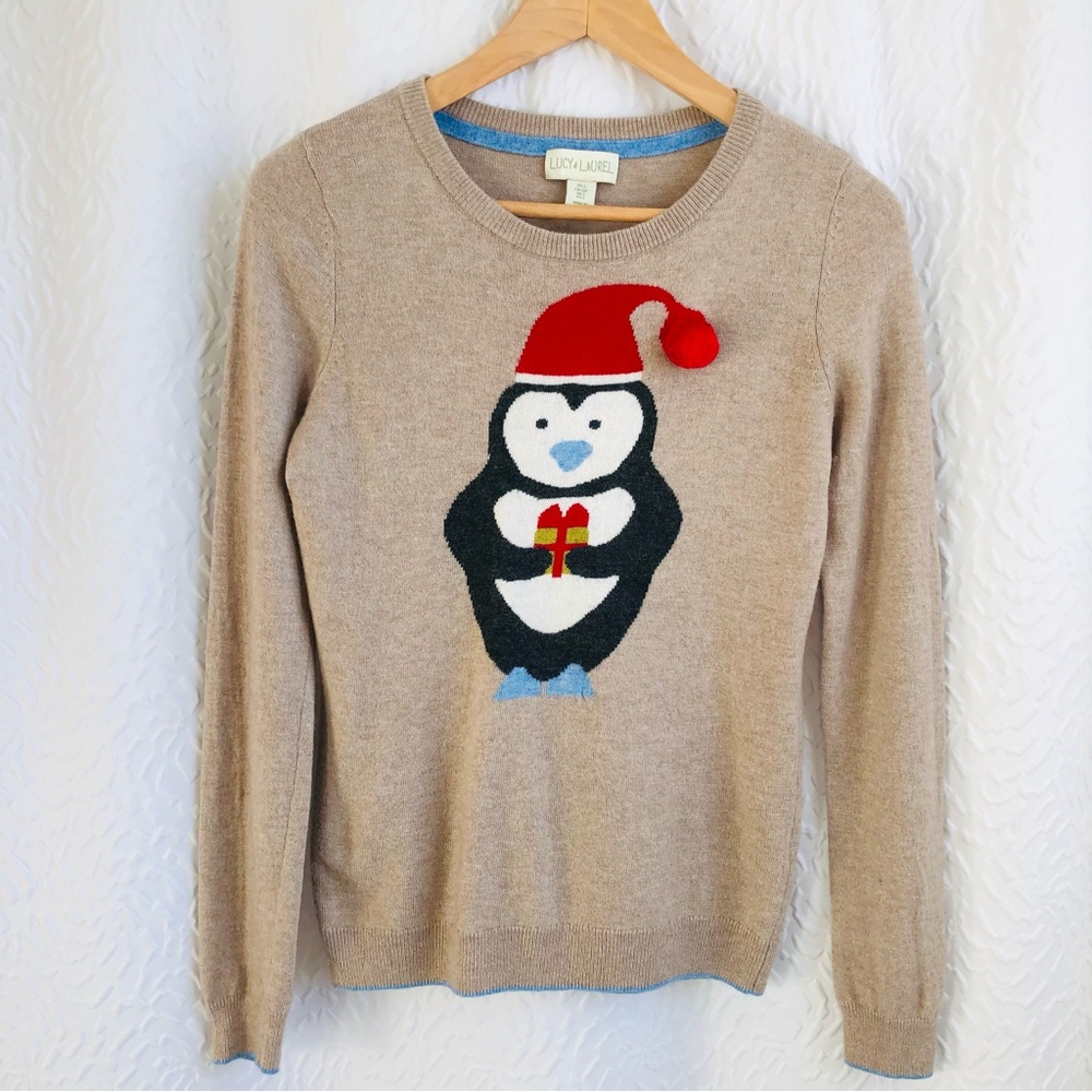 Lucy & Laurel Penguin Lambs Wool & Cashmere Blend Tan Holiday Christmas Sweater